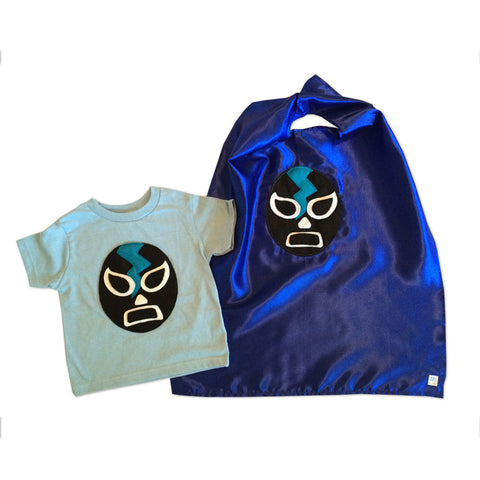 Kid's Cape and Shirt- Luchador Negro - Black Mexican Wrestler Toddler T-Shirt & Blue Cape Combo