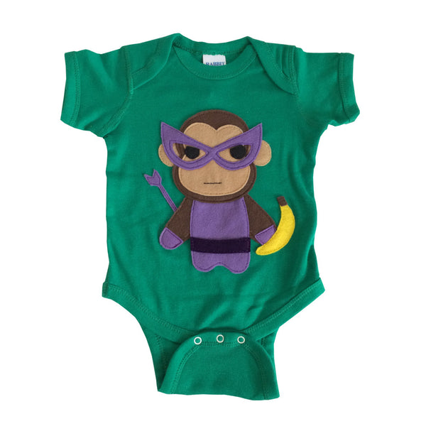 Super Hero Onesie -Team Super Animals - Monkey Banana Green Infant Bodysuit - Baby Clothes Gift